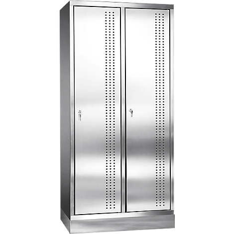 Stainless steel cabinet with two doors, dot pattern decor, two key locks.