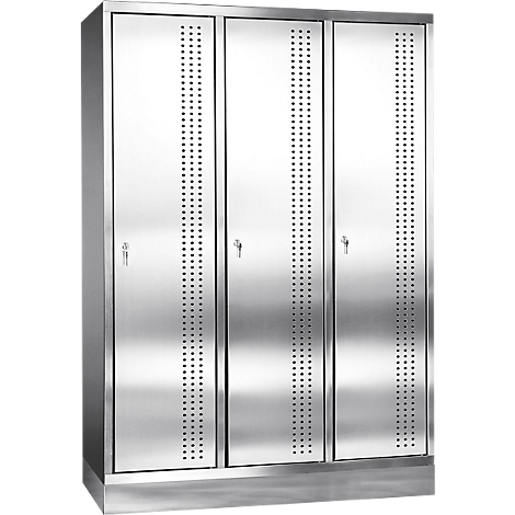 Stainless steel cabinet with three doors, with a perforated pattern and key locks.