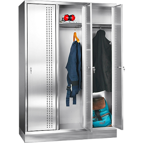 A silver steel cabinet with three doors. Inside are clothes, a backpack and ear protection.