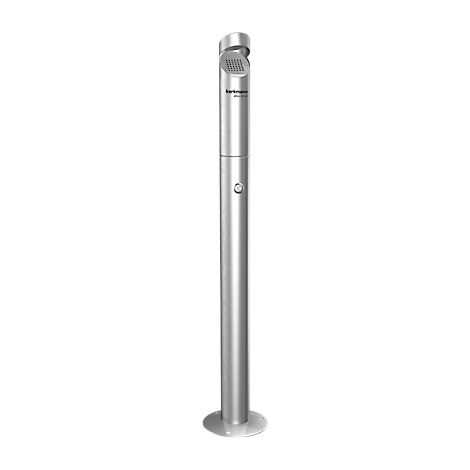 Silver cylindrical ashtray, with round base, cigarette rest, and brand logo.