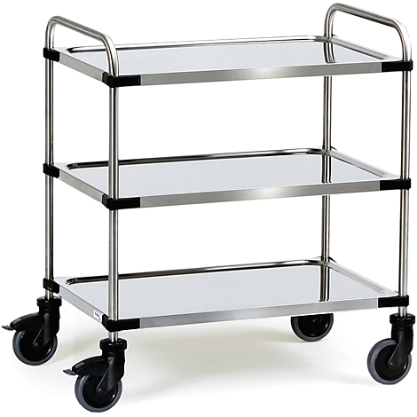 Stainless steel serving cart with three shelves and wheels.