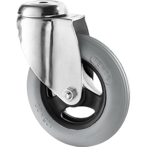 Steel caster detail: Gray wheel with black core and silver bracket. Inscription '125x32'.