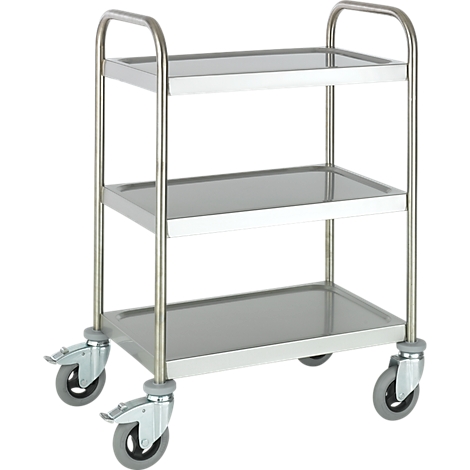Stainless steel serving cart with three gray shelves and castors.