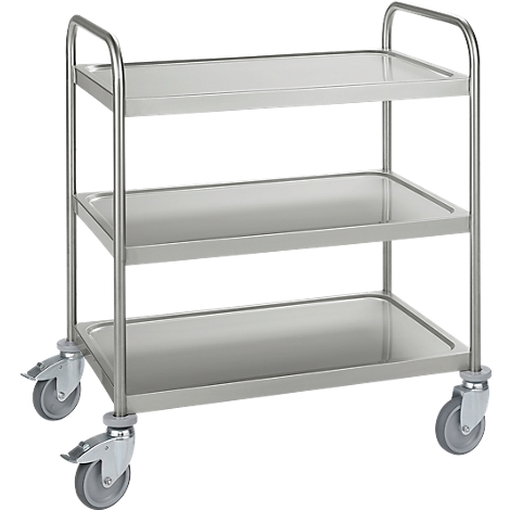 Three-tiered stainless steel serving cart, with castors.