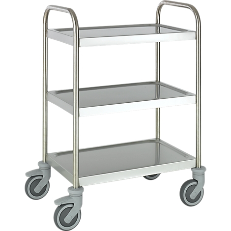 Serving cart with three metal shelves and wheels.