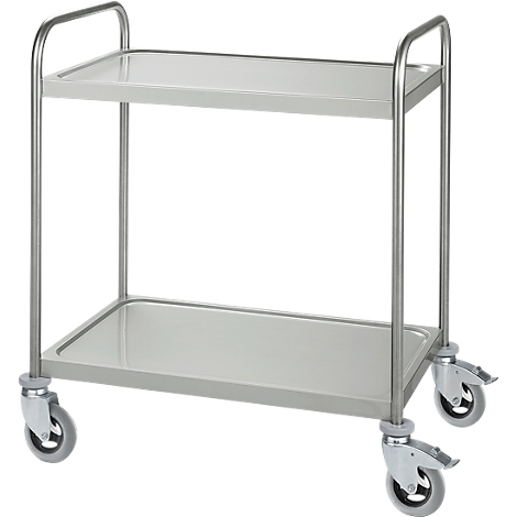 A gray serving cart with two shelves and handles. It stands on four wheels.