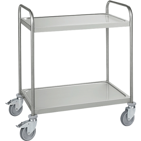 Grey serving cart with two shelves, stainless steel frame and castors.