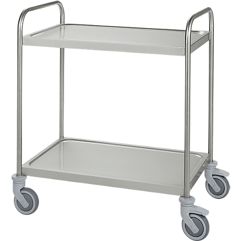 Metal serving cart with two shelves and wheels.