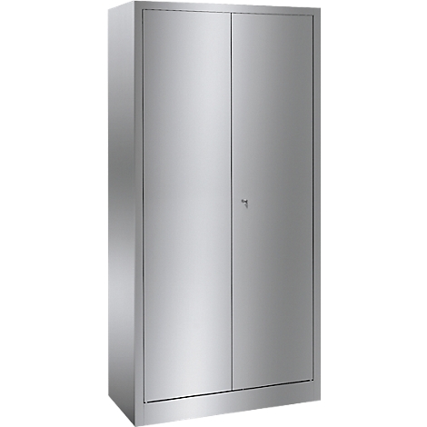Steel cabinet with two doors, simple design. A small key is in the lock.