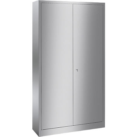 A silver, locked metal cabinet with two doors.