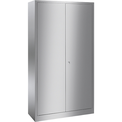 A metal-colored cabinet with two doors and a handle.