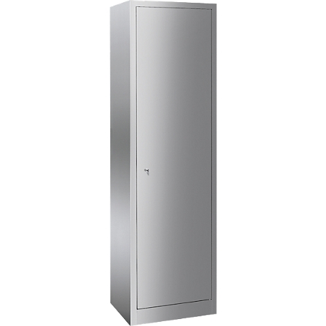 A gray metal cabinet with one door and a handle. It stands isolated on a white background.