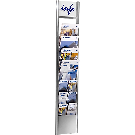 Metal info stand with brochures. "info" is written in blue at the top.