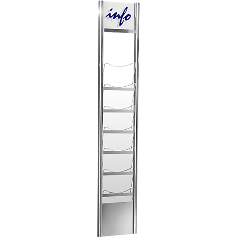 Information stand with blue "info" lettering, metallic frame, and several shelves.