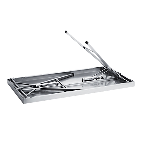 A metallic, rectangular folding table, its legs partially unfolded.