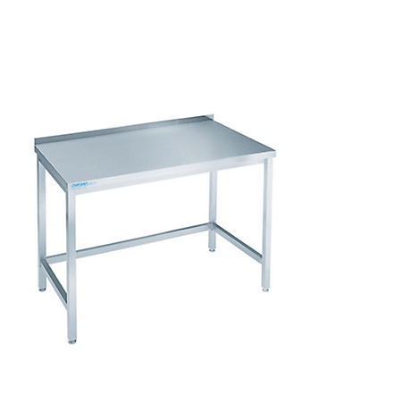 Stainless steel table with rectangular work surface and metal legs, isolated on white.
