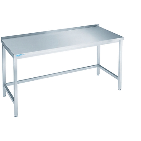 Stainless steel table, rectangular, metal legs, raised edge.