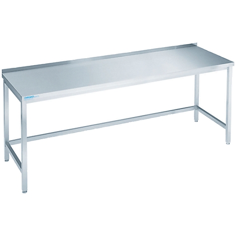Stainless steel table with a rectangular work surface and metal legs. The table stands in front of a white background.