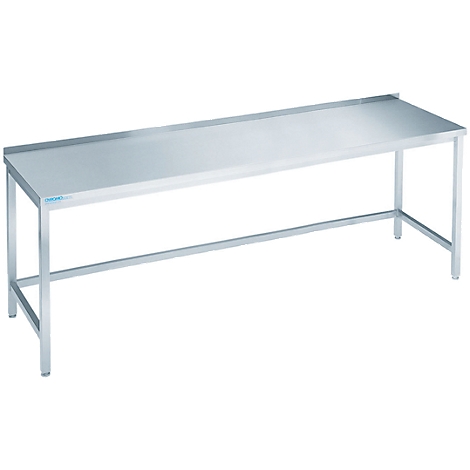 A long, rectangular stainless steel work table with legs, against a white background.