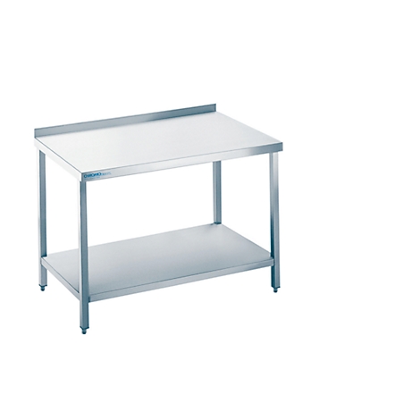 Stainless steel table with bottom shelf, brightly lit. Table top with upstand and legs.