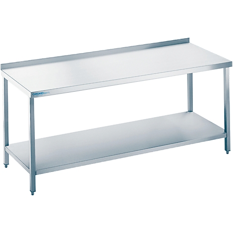 Stainless steel table with lower shelf. Rectangular worktop, below a second shelf, both with silver legs.