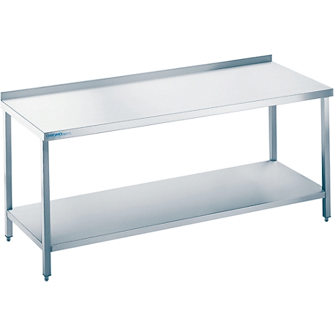 Stainless steel table with two levels, angled from above.
