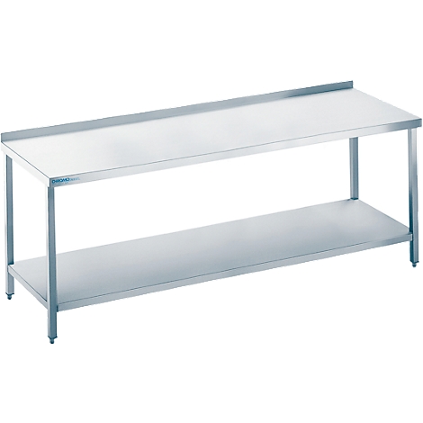Stainless steel table with two shelves. A top work surface and a lower shelf, both made of metal. The legs are also made of metal.