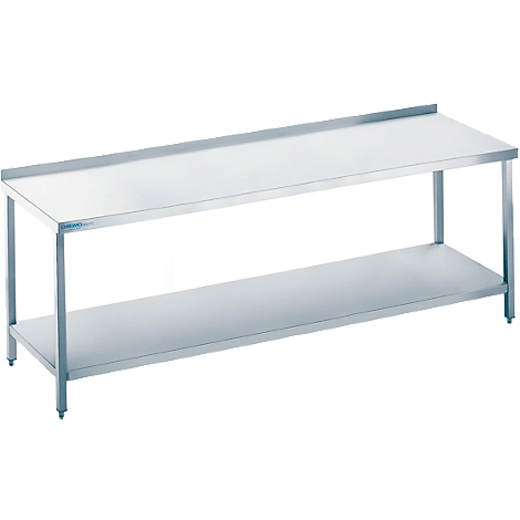 Stainless steel table with two levels; upper with upstand, lower as shelf.