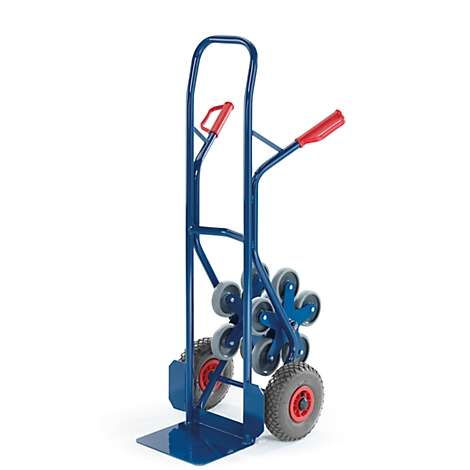 Blue stair climber with red handles and wheels. Gray tires and additional rollers on the side.