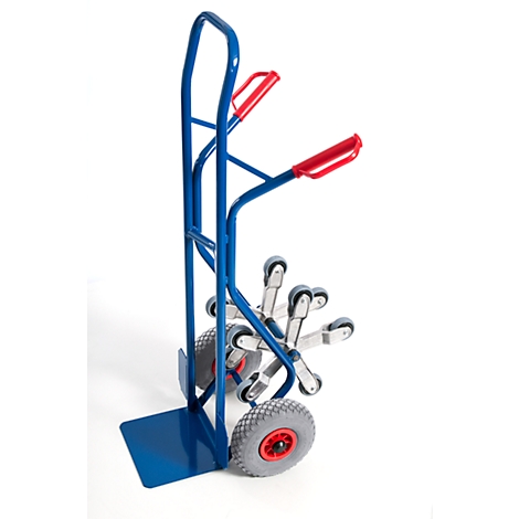 Blue hand truck with red handles and stair climbing wheels on white background.