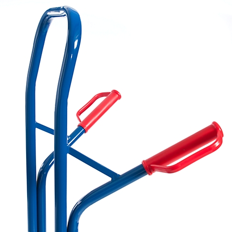 Close-up of a blue hand truck with red handles on a white background.