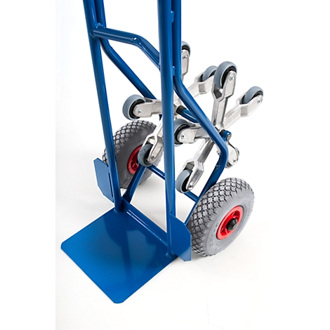 Blue stair climber with silver wheels and gray tires on a white background.