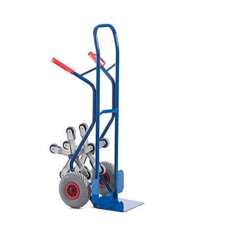 Blue stair climber with red handles. The robust tires are optimized for stairs.