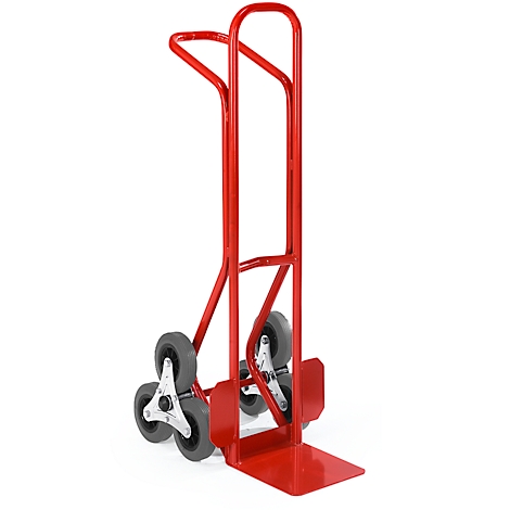 Red stair climber against a white background. The handle is bent, three small wheels per side.