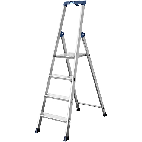 Aluminum step ladder, blue details, 4 steps, non-slip feet. Top bar with brand name.