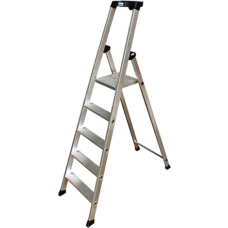 A silver stepladder with four steps stands upright. Black plastic caps on the feet and top.