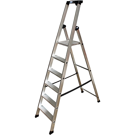 Silver step ladder with black steps and a handrail, set against a white background.