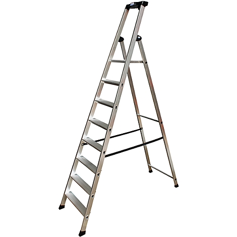 A silver, freestanding ladder with seven steps stands against a white background.