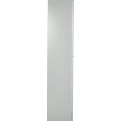 Een smalle, hoge deur in lichtgrijs. De handgreep is zichtbaar als een smalle, donkere lijn.