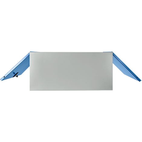 Lichtgrijze ordner met open blauwe kleppen.