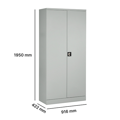 Grijze stalen kast met twee deuren, zwart slot. Afmetingen: 1950x916x422 mm.