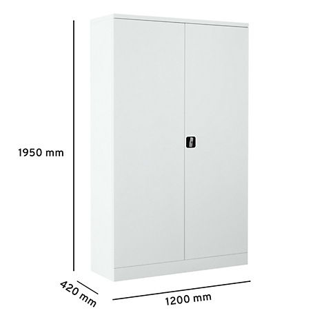 Witte stalen kast met twee deuren, zwarte handgreep en afmetingen: 1950 mm hoog, 1200 mm breed, 420 mm diep.
