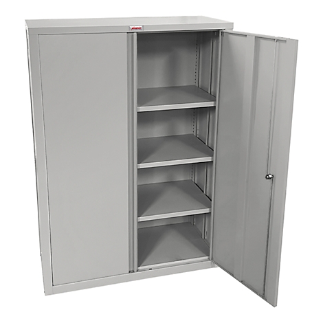 Grijze metalen kast met open deuren, planken binnen.