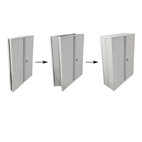 Drie fasen van de montage van een grijze kast. Eerst gesloten, dan opengeklapt, tenslotte helemaal gesloten.