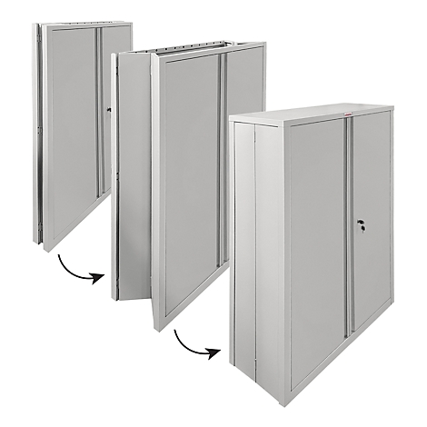 Grijze stalen kast, getoond in onderdelen en als geheel. De montage van de kast wordt aangegeven door pijlen.