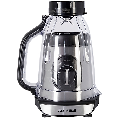 Blender with a transparent jug, handle and control elements. Manufacturer logo "Gutfels" at the bottom.