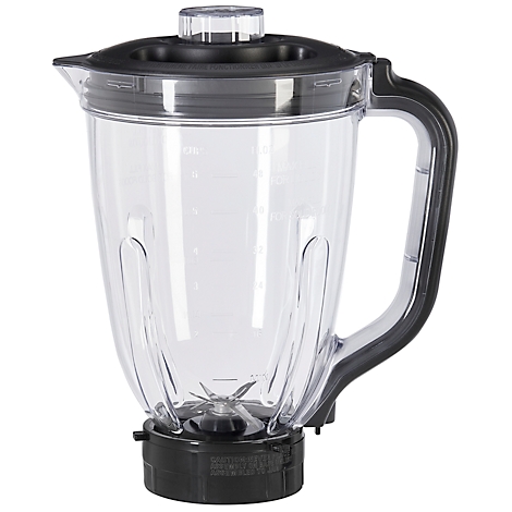 Clear plastic blender container with black lid and handle.