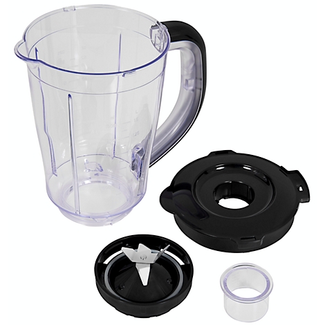 Disassembled blender with jug, lid, blade assembly and cup.