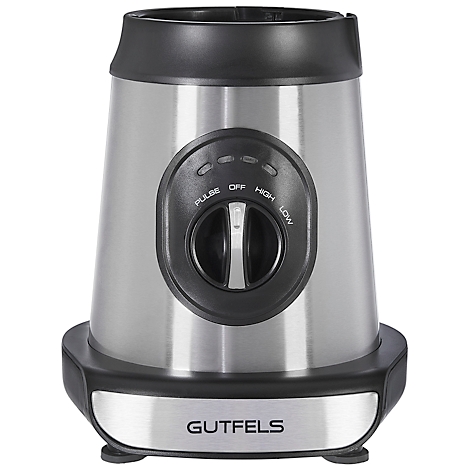 Stainless steel blender with black control panel. The dial has the settings Pulse, Off, High, and Low.