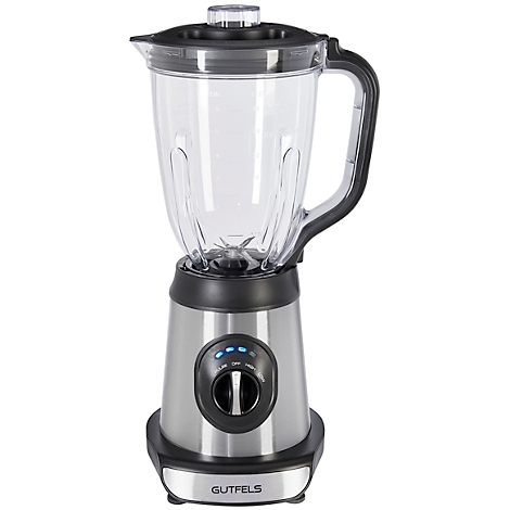A silver blender with a glass jar and black elements, three blue lights on the base.